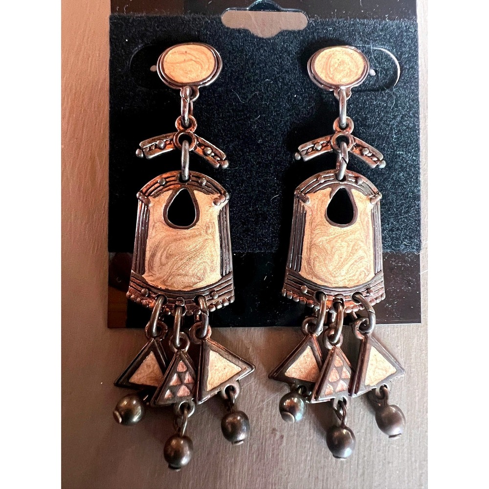 Berebi Vintage Drop Earrings Bronze Tan Enamel Geometric Tiered Dangle
